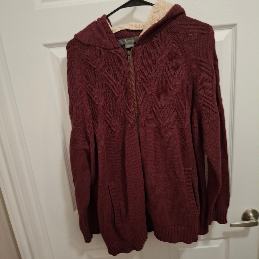 Natural Reflections Burgundy Knit Sherpa Lined Zip‎ Up Hoodie Sweater XXL